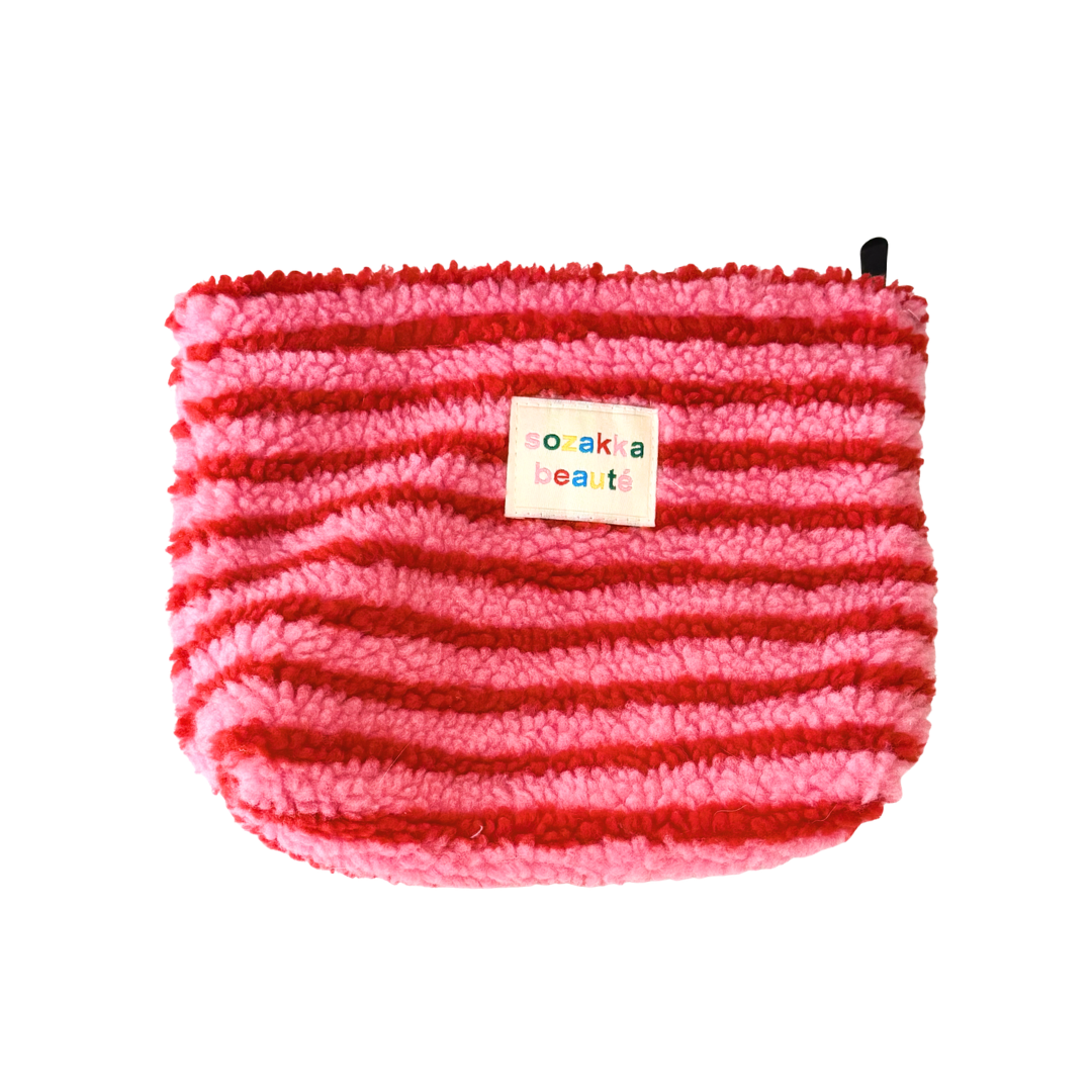 Large Pink & Red Striped Fuzzy Pouch
