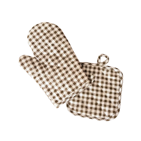 Brown Gingham Oven Mitt & Pad Set